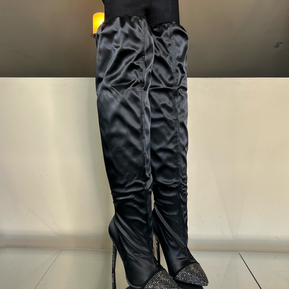 Black Satin Rhinestone Embellished Over the Knee Boots - Picture 6 of 12